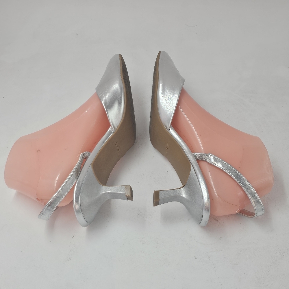 Open Edit Silver Pointed Toe Slingback Kitten Heels Womens - Picture 8 of 11